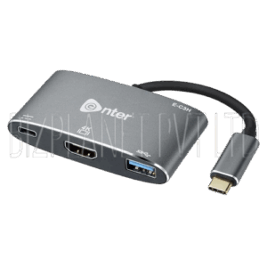 Enter E-C3H USB-C Hub – 3-in-1: PD Charging (52 W), 4K HDMI (30 Hz), USB 3.0 (5 Gbps), Sleek Aluminum, Over-Voltage Protection