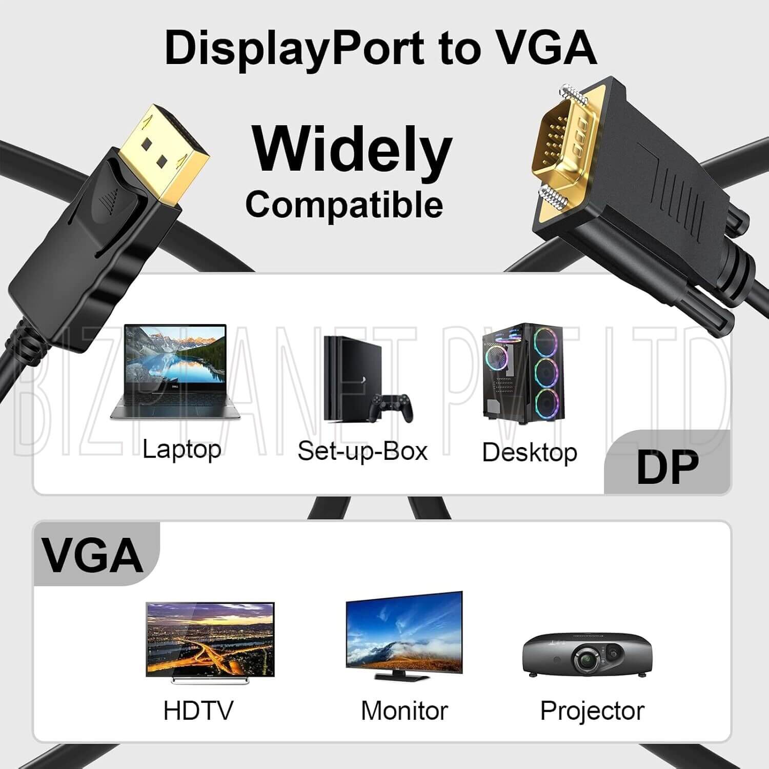 6-Foot DisplayPort to VGA Cable – High-Definition (1080p), DP Male to VGA Male - Image 2